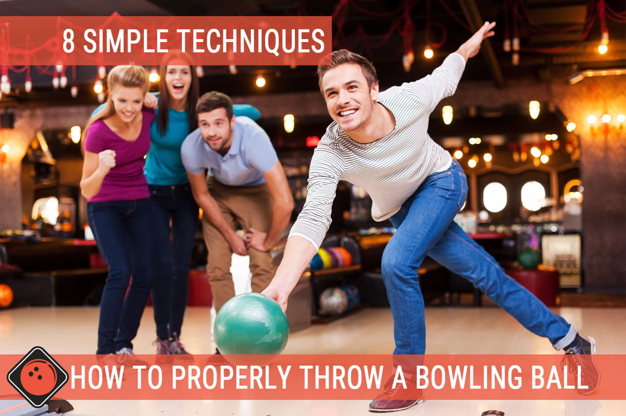 A young male throwing a bowling ball while three of his friends are watching and supporting him - Title picture for How To Properly Throw a Bowling Ball